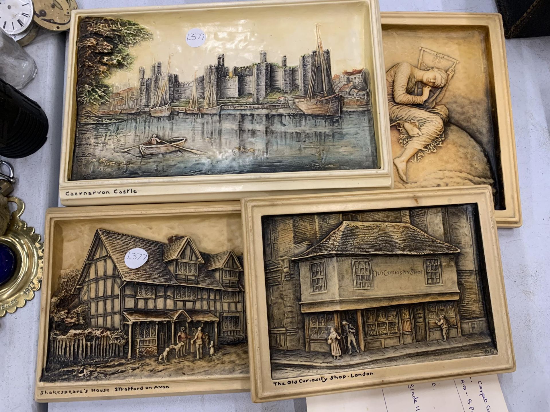 FOUR VINTAGE 3-D WALL PLAQUES WITH HISTORIC SCENES