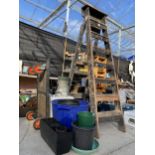 AN ASSORTMENT OF ITEMS TO INCLUDE A SEVEN RUNG WOODEN STEP LADDER, PLANT POTS AND A GALVANISED