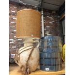 A LARGE STONEWARE TABLE LAMP PLUS TWO LAMP SHADES