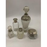 FIVE HALLMARKED SILVER AND CUT GLASS ITEMS, PERFUME BOTTLES ETC