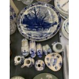 A QUANTITY OF BLUE AND WHITE DELFT POTTERY TO INCLUDE A LARGE PLATE WITH HORSE AND CART DESIGN,