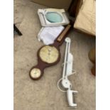 A WOODEN CASED BAROMETER AND AN ANGLE POISE STYLE MAGNIFIER LAMP