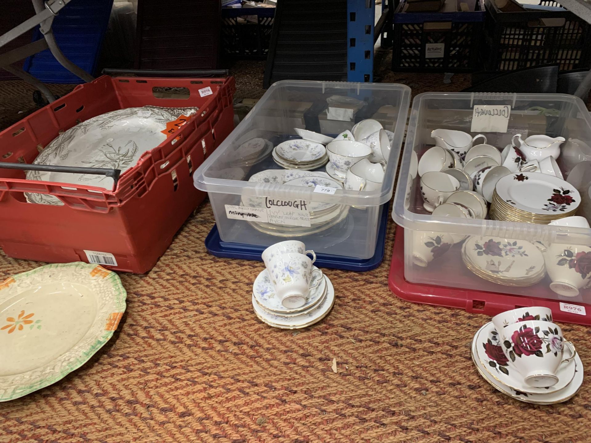 THREE BOXES OF ASSORTED CHINA TO INCLUDE TWO COALPORT PART DINNER SETS, MEAT PLATTERS, ETC