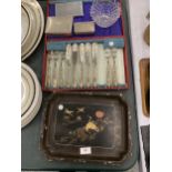 A MIXED LOT TO INCLUDE A PAPIER MACHE TRAY, AN EPNS CASED SET OF FLATWARE, SILVER PLATED CIGARETTE