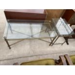 A GLASS TOP COFFEE TABLE ON METAL WARE BASE, 44 X 22" AND A SIMILAR LAMP TABLE