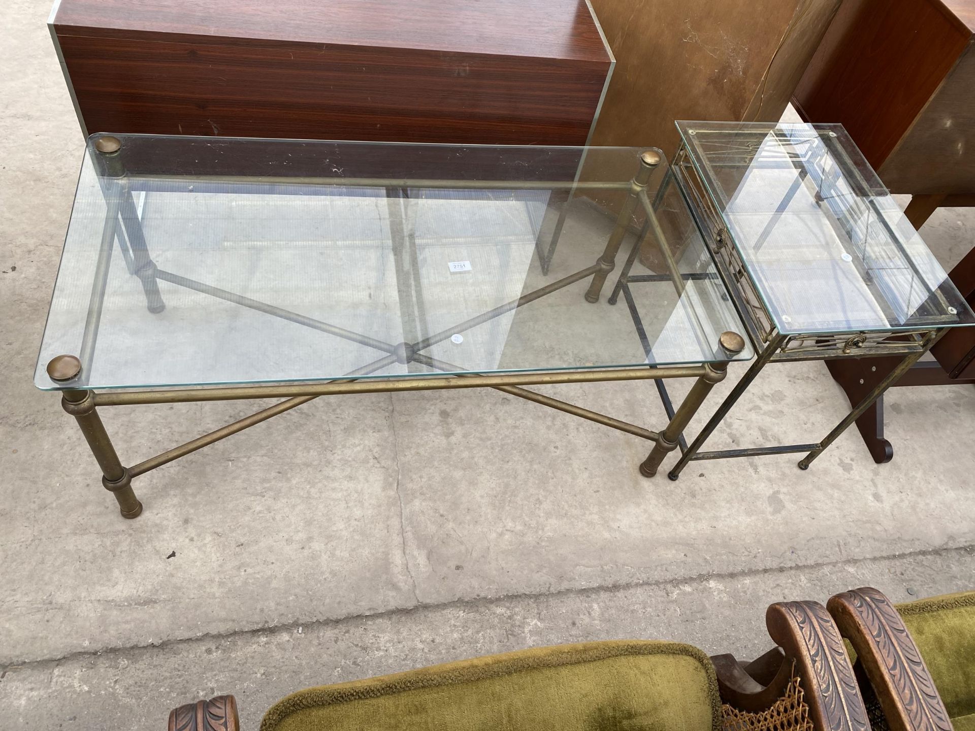 A GLASS TOP COFFEE TABLE ON METAL WARE BASE, 44 X 22" AND A SIMILAR LAMP TABLE