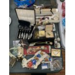 A LARGE MIXED LOT TO INCLUDE COSTUME JEWELLERY, FIGURES, FLATWARE, AN ART DECO CARD CASE, ETC