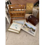 AN ASSORTMENT OF ITEMS TO INCLUDE PRINTS, A SEWING BOX AND A MAGAZINE RACK ETC