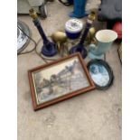 AN ASSORTMENT OF ITEMS TO INCLUDE A PAIR OF TABLE LAMPS AND A CHEESE DISH ETC