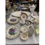 A QUANTITY OF CERAMIC AND CHINA ITEMS TO INCLUDE PLATES, SOUP COUPES, A COFFEE POT, CUP AND