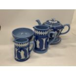 FOUR PIECES OF DUDSON POTTERY IN A JASPERWARE STYLE PATTERN TO INCLUDE A TEAPOT AND STAND, JUGS