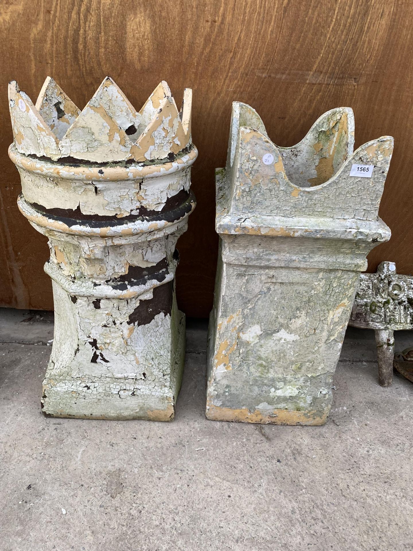 A KINGS CHIMNEY POT AND A FURTHER SQUARE CHIMNEY POT