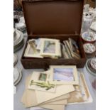 A VINTAGE LEATHER SUITCASE TO CONTAIN A LARGE QUANTITY OF VINTAGE PHOTOGRAPHS, TEA CARDS, POSTCARDS,