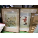 A FRAMED PHOTOGRAPHIC IMAGE OF A GREYHOUND, A MARQUETRY PICTURE AND TWO COMICAL HUNTING PRINTS