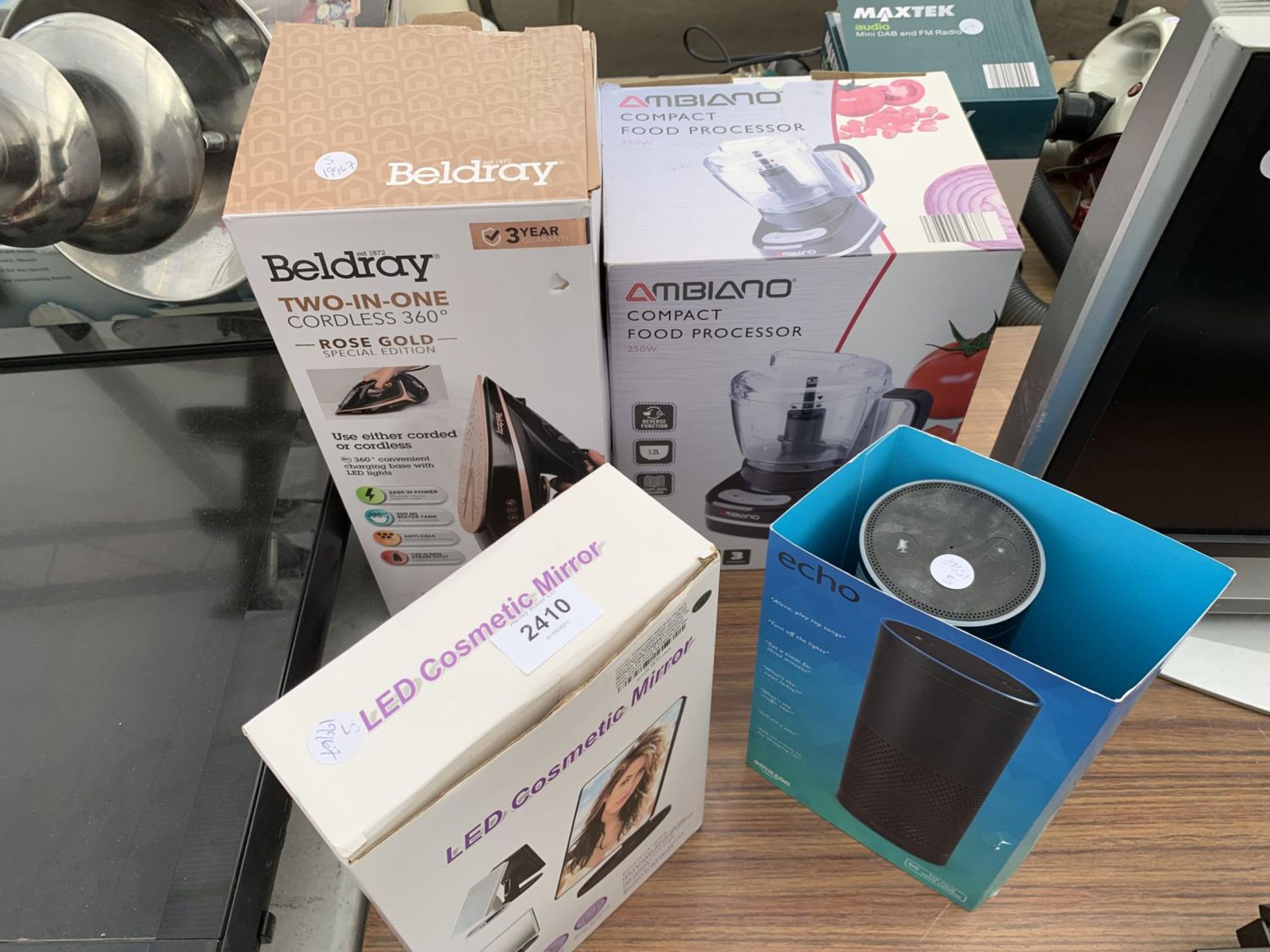 AN ASSORTMENT OF ITEMS TO INCLUDE AN ECHO SPEAKER AND A FOOD PROCESSOR ETC