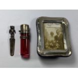 THREE HALLMARKED SILVER ITEMS - BEAR BOOKMARK, SMALL PHOTO FRAME AND CRANBERRY GLASS PERFUME BOTTLE