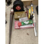 AN ASSORTMENT OF ITEMS TO INCLUDE A BLOW TORCH AND A CASH TIN ETC