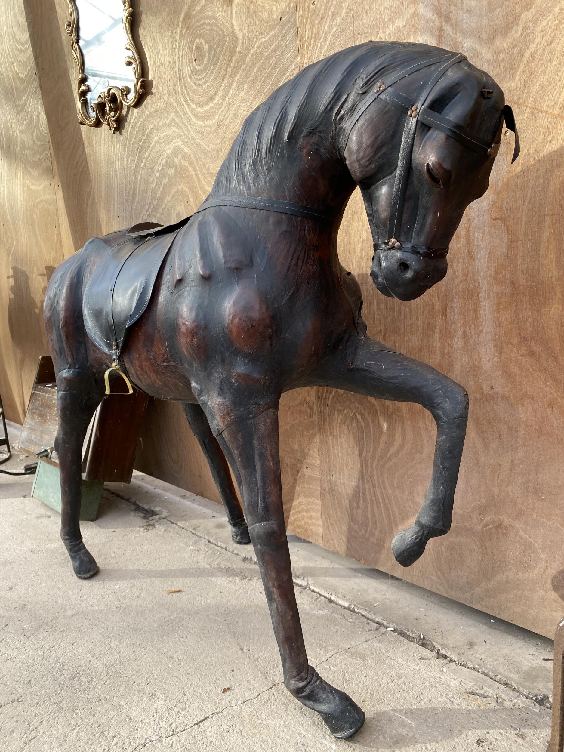 A LARGE VINTAGE LIBERTY STYLE LEATHER COVERED HORSE, HEIGHT 100CM, LENGTH 122CM - Image 2 of 5