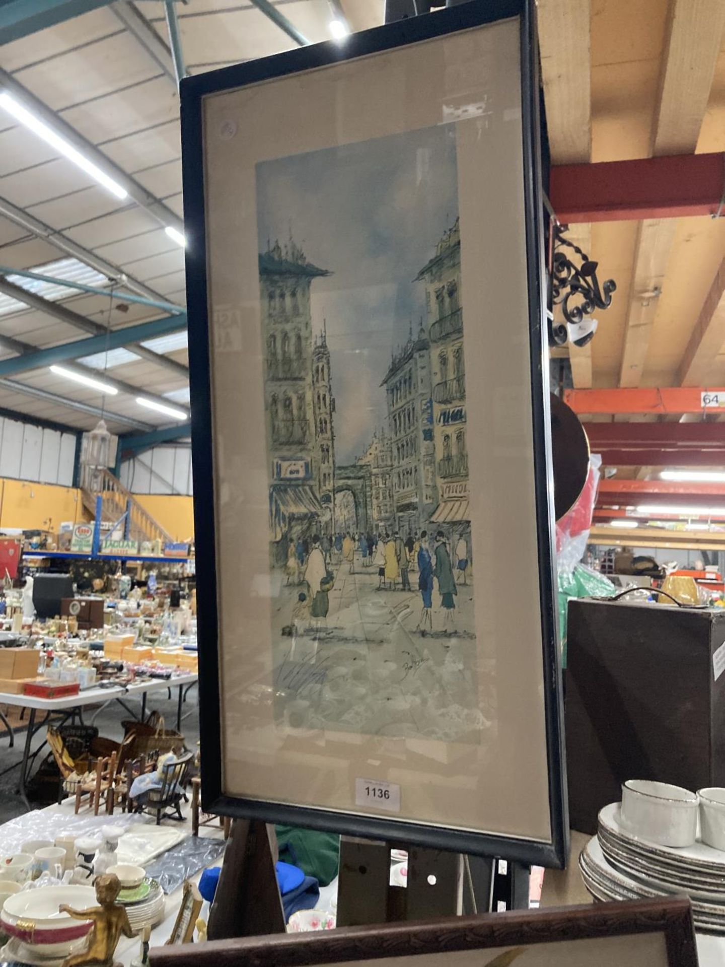 TWO FRAMED PRINTS, ONE OF A BUTTERFLY, THE OTHER A STREET SCENE
