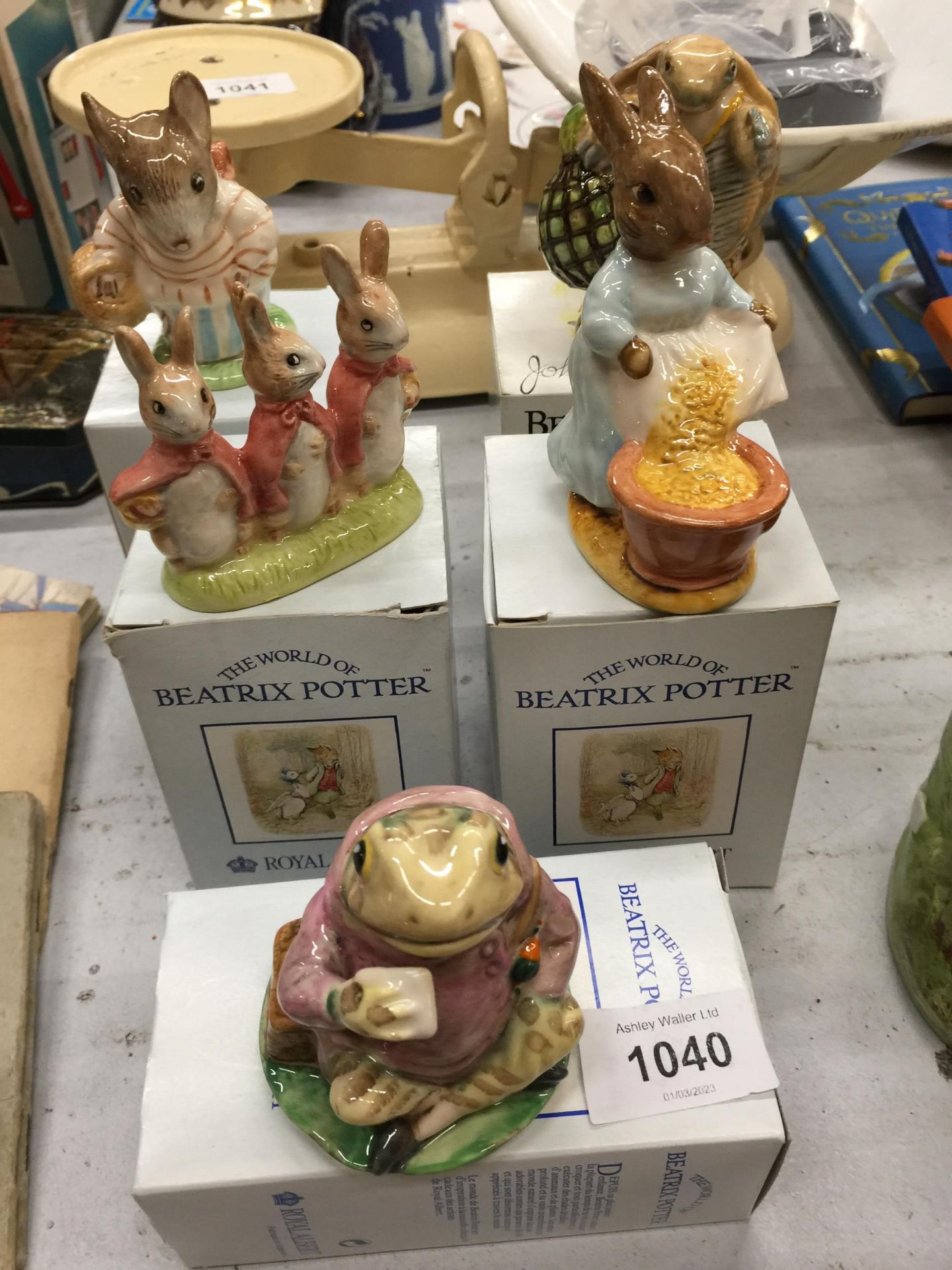 FIVE ROYAL ALBERT BEATRIX POTTER FIGURES TO INCLUDE JEREMY FISHER, FLOPSY, MOPSY AND COTTONTAIL,