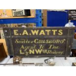 A LARGE VINTAGE E.A WATTS WOODEN RAILWAY SIGN, LENGTH 120CM