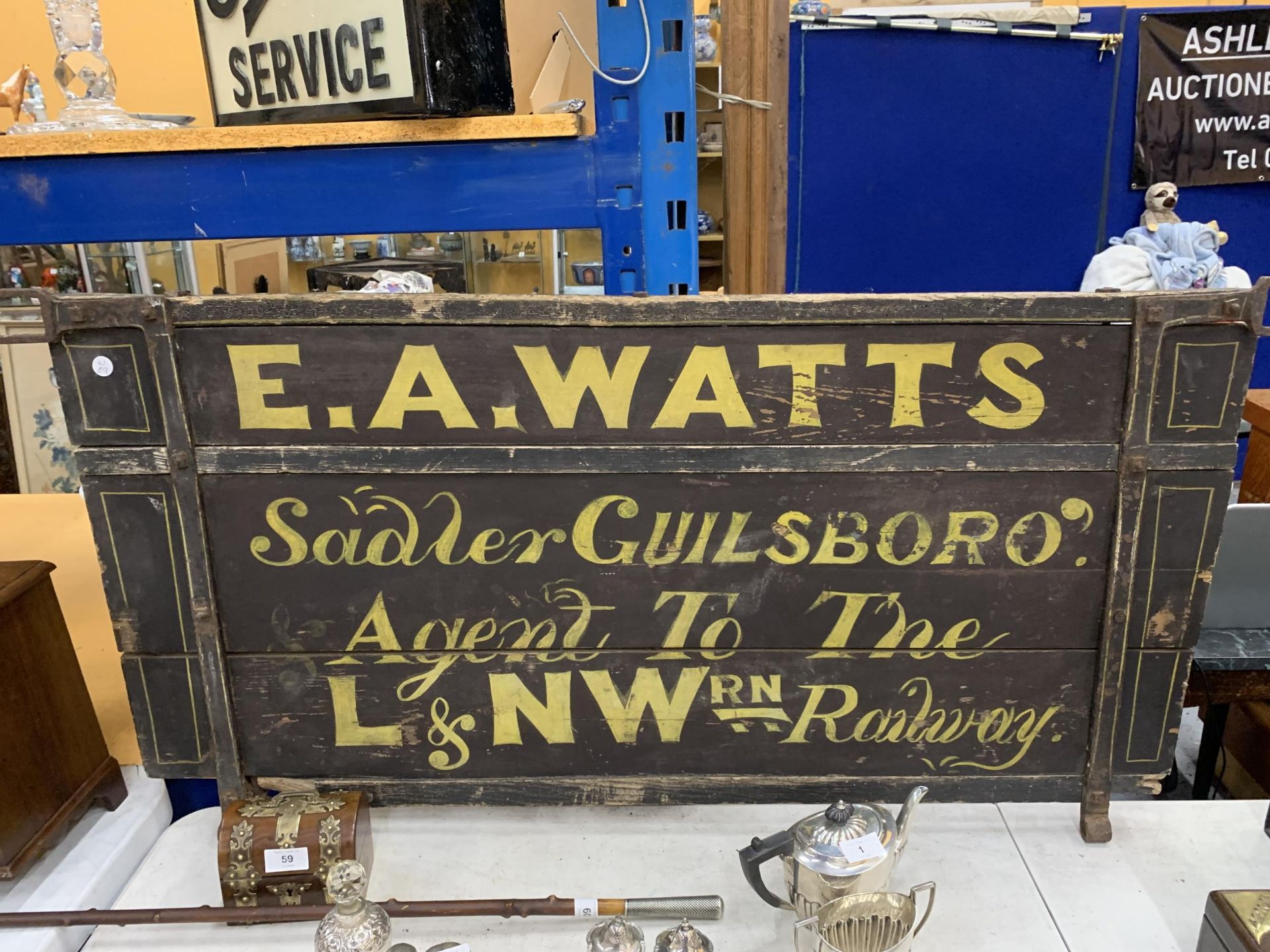 A LARGE VINTAGE E.A WATTS WOODEN RAILWAY SIGN, LENGTH 120CM