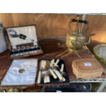 AN ASSORTMENT OF ITEMS TO INCLUDE A BRASS KETTLE ON A STAND AND FLATWARE ETC