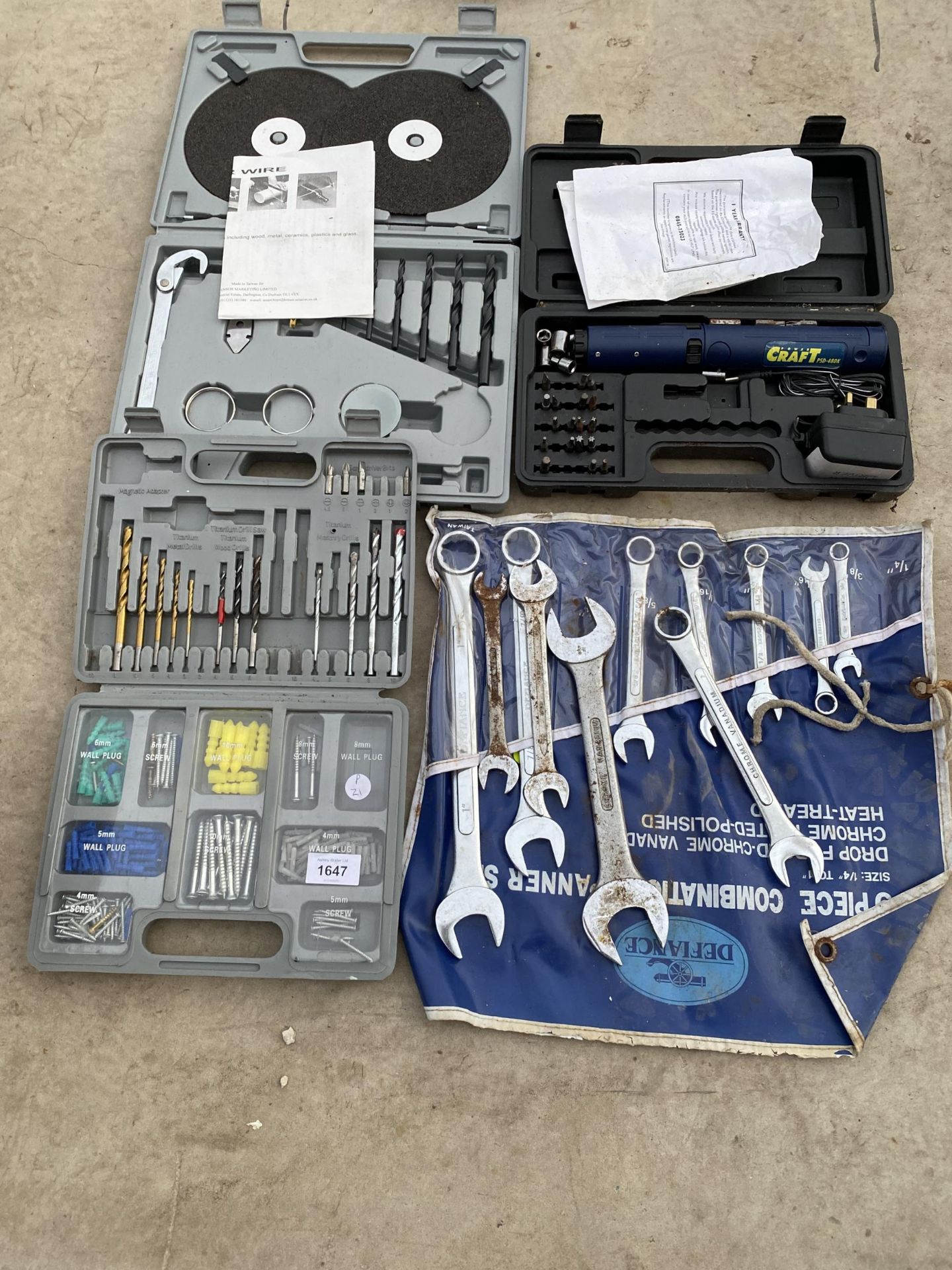 A POWER CRAFT SCREW DRIVER, SPANNER SET AND DRILL BITS ETC