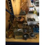 A LARGE MIXED LOT TO INCLUDE FLATWARE, A COPPER DISH, CARRIAGE CLOCK, BRASS CANDLESTICKS AND