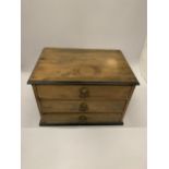 A SATINWOOD TABLE TOP THREE DRAWER CHEST, HEIGHT 19CM