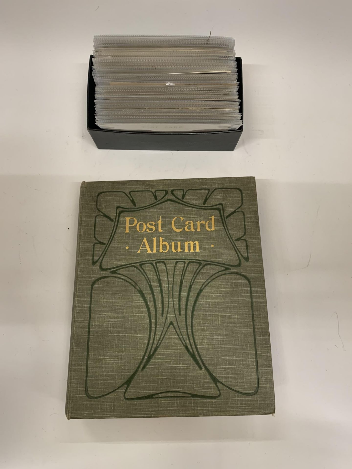 A VINTAGE POST CARD ALBUM TO INCLUDE 150 CARDS PLUS A BOX OF POST CARDS