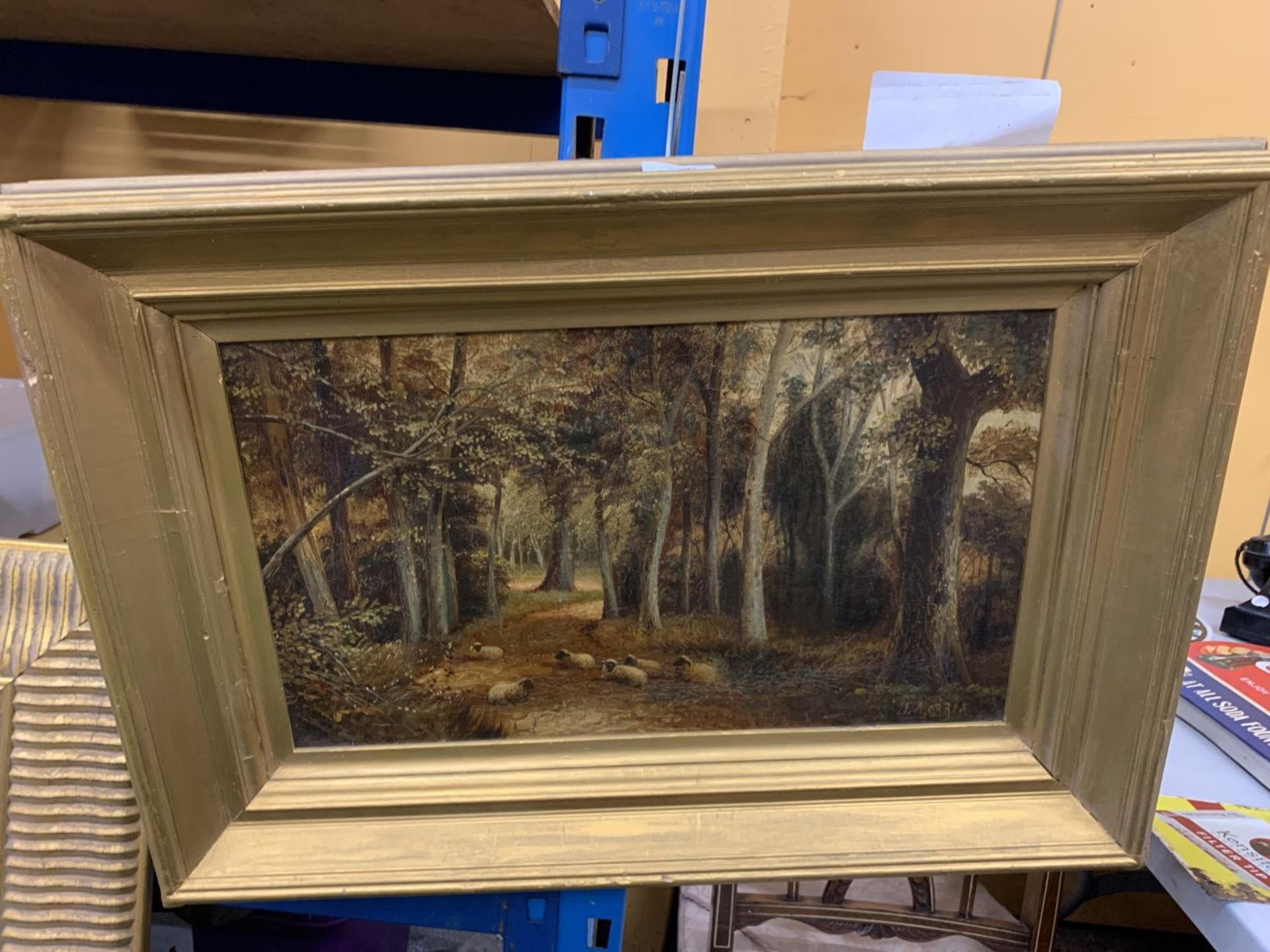 A GILT FRAMED OIL PAINTING OF SHEEP IN A FOREST LANDSCAPE, SIGNED J.MORRIS, 47 X 68CM - Image 2 of 8