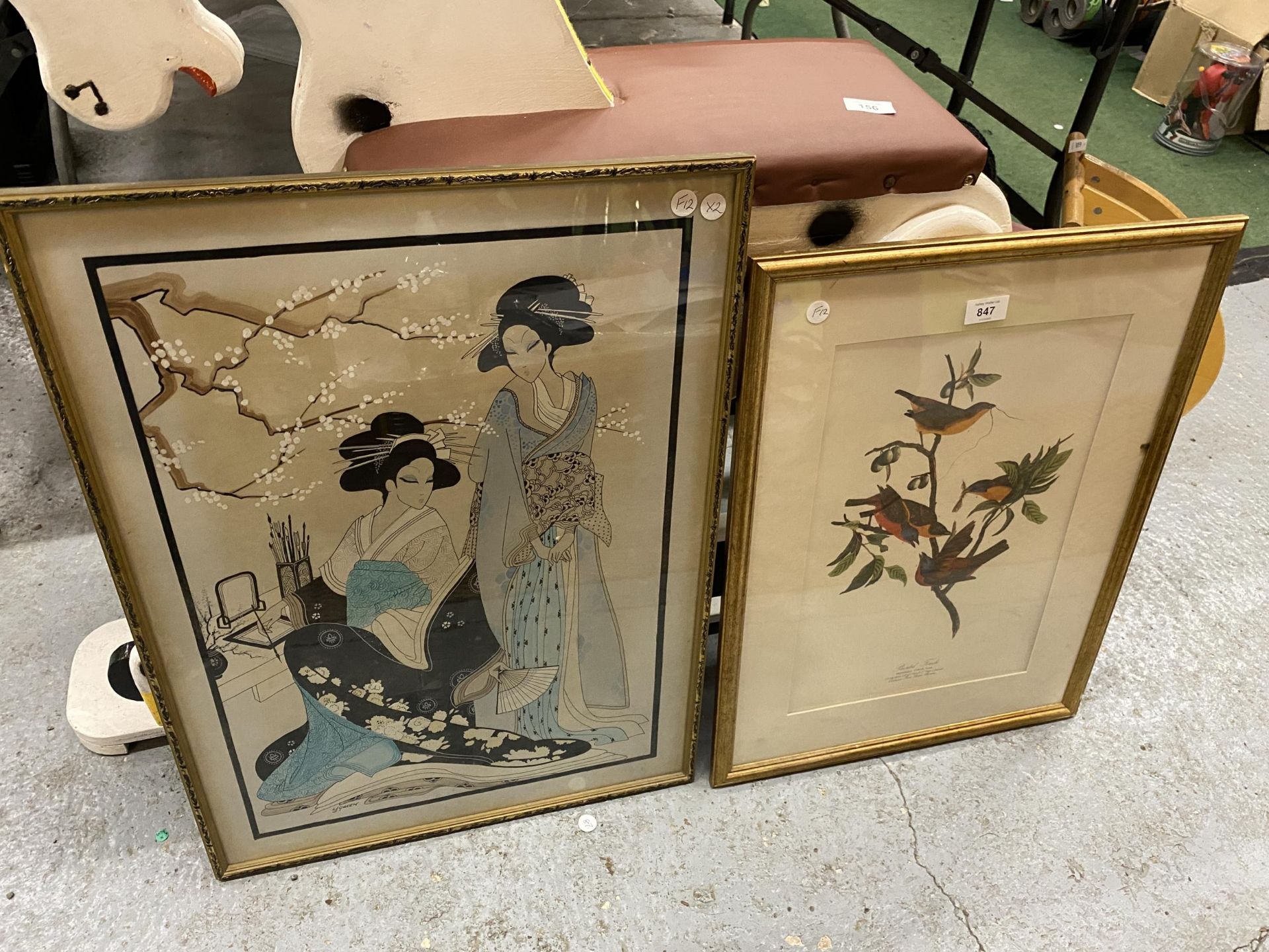TWO GILT FRAMED PRINTS TO INCLUDE AN ORIENTAL EXAMPLE AND 'PAINTED FINCHES'