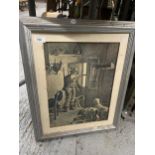 A SILVER PAINTED WOODEN FRAMED PRINT OF A HUNTING SCENE