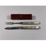 A LEATHER CASED MOTHER OF PEARL AND HALLMARKED SILVER FRUIT KNIFE AND FORK