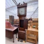 A 19TH CENTURY OAK AND CROSSBANDED THIRTY HOUR LONGCASE CLOCK WITH PAINTED ENAMEL DIAL