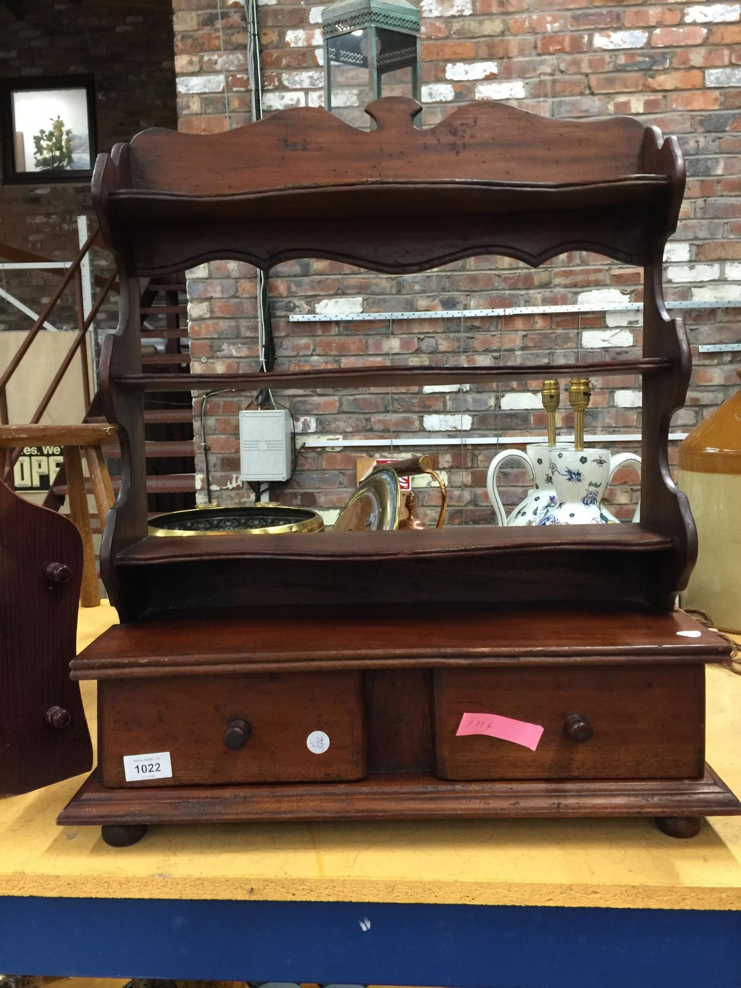 A VINTAGE WALL SHELF WITH DRAWERS TO THE BOTTOM 65CM X 56CM