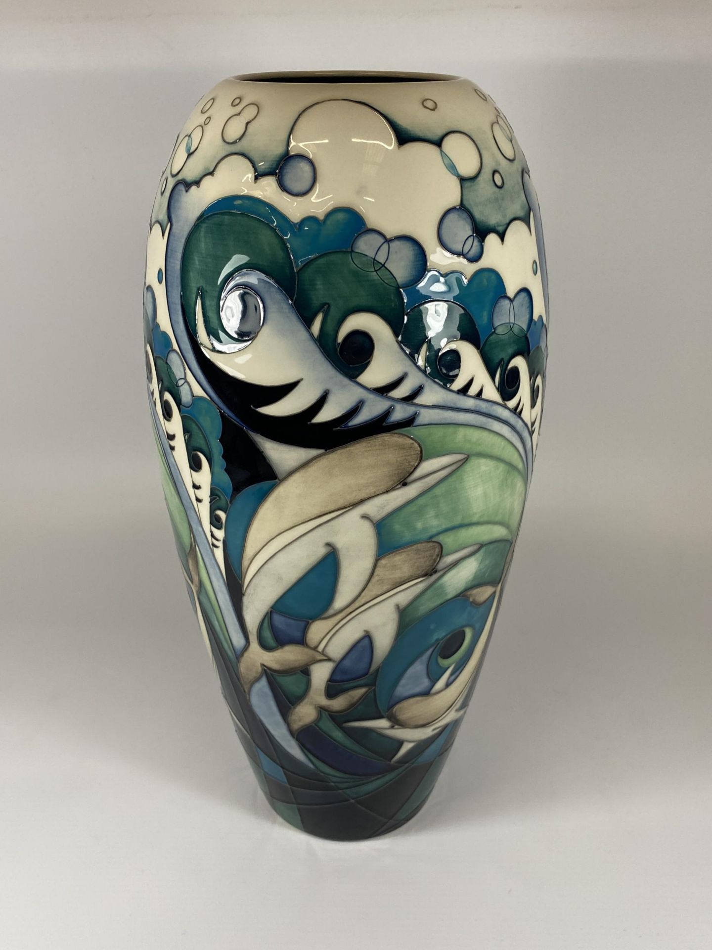 A LARGE MOORCROFT NUMBERED EDITION DOLPHINS PATTERN VASE, NO. 34, HEIGHT 36.5CM