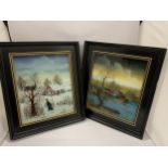 A PAIR OF EBONY FRAMED SIGNED OIL ON GLASS PANELS, SIGNED HURJZAK, '78, 34 X 39CM