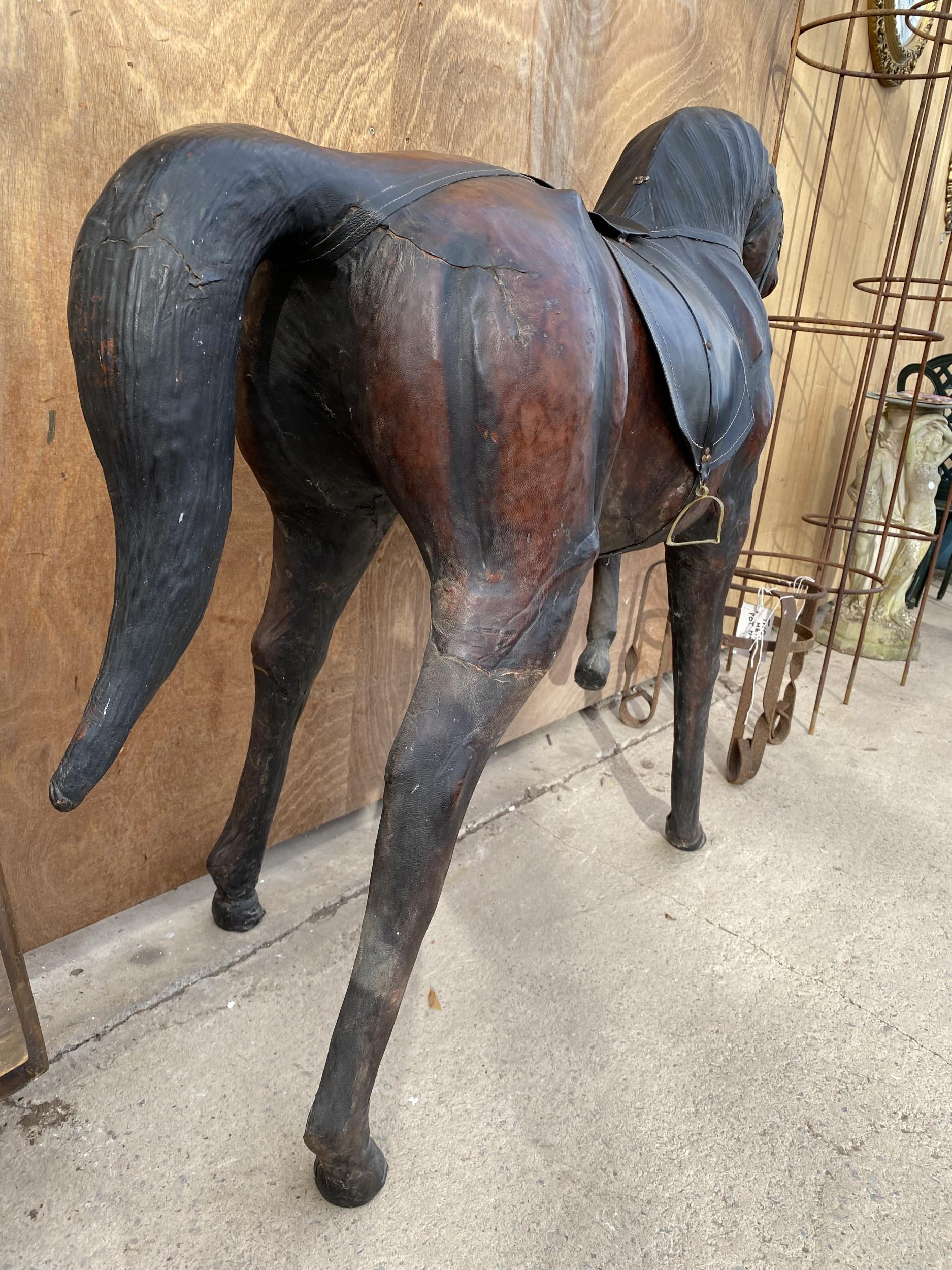 A LARGE VINTAGE LIBERTY STYLE LEATHER COVERED HORSE, HEIGHT 100CM, LENGTH 122CM - Image 3 of 5