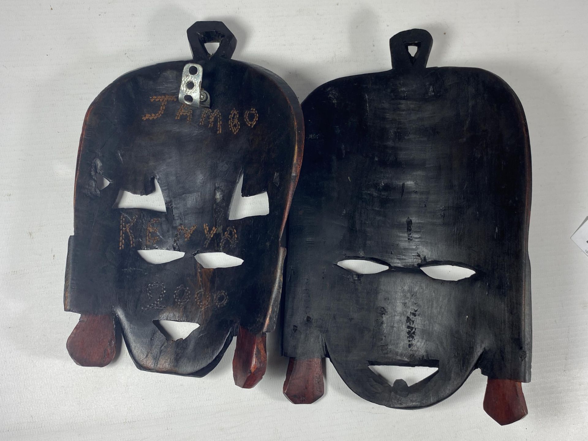 A PAIR OF VINTAGE AFRICAN TRIBAL MASKS, LENGTH 23CM - Image 2 of 2