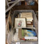 A BOX OF ASSORTED EPHEMERA, FRAMED SILK PICTURES ETC