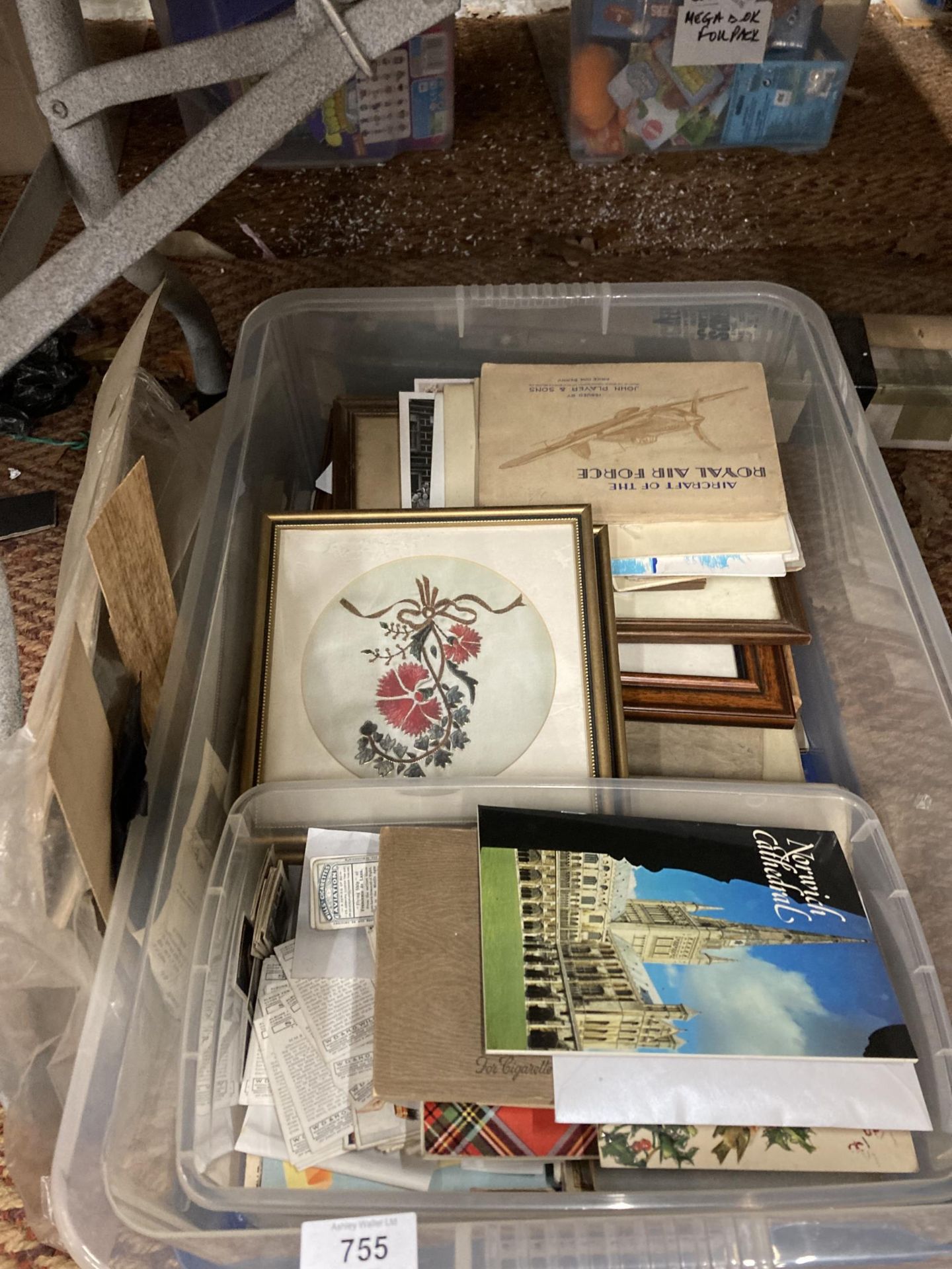A BOX OF ASSORTED EPHEMERA, FRAMED SILK PICTURES ETC