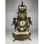 A C.1900 ITALIAN REPRODUCTION MANTLE CLOCK BY IMPERIAL IN BRASS WITH MARBLE BASE AND CHERUBS, HEIGHT