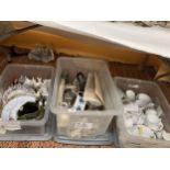 THREE BOXES OF ASSORTED ITEMS TO INCLUDE ROYAL STANFORD, EPNS TEAPOTS, RABBIT FIGURES ETC