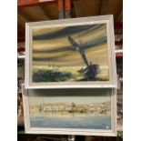 TWO FRAMED OIL PAINTINGS ONE ON CANVAS OF A BEACH AND BOAT SCENE AND ONE OF A HARBOUR