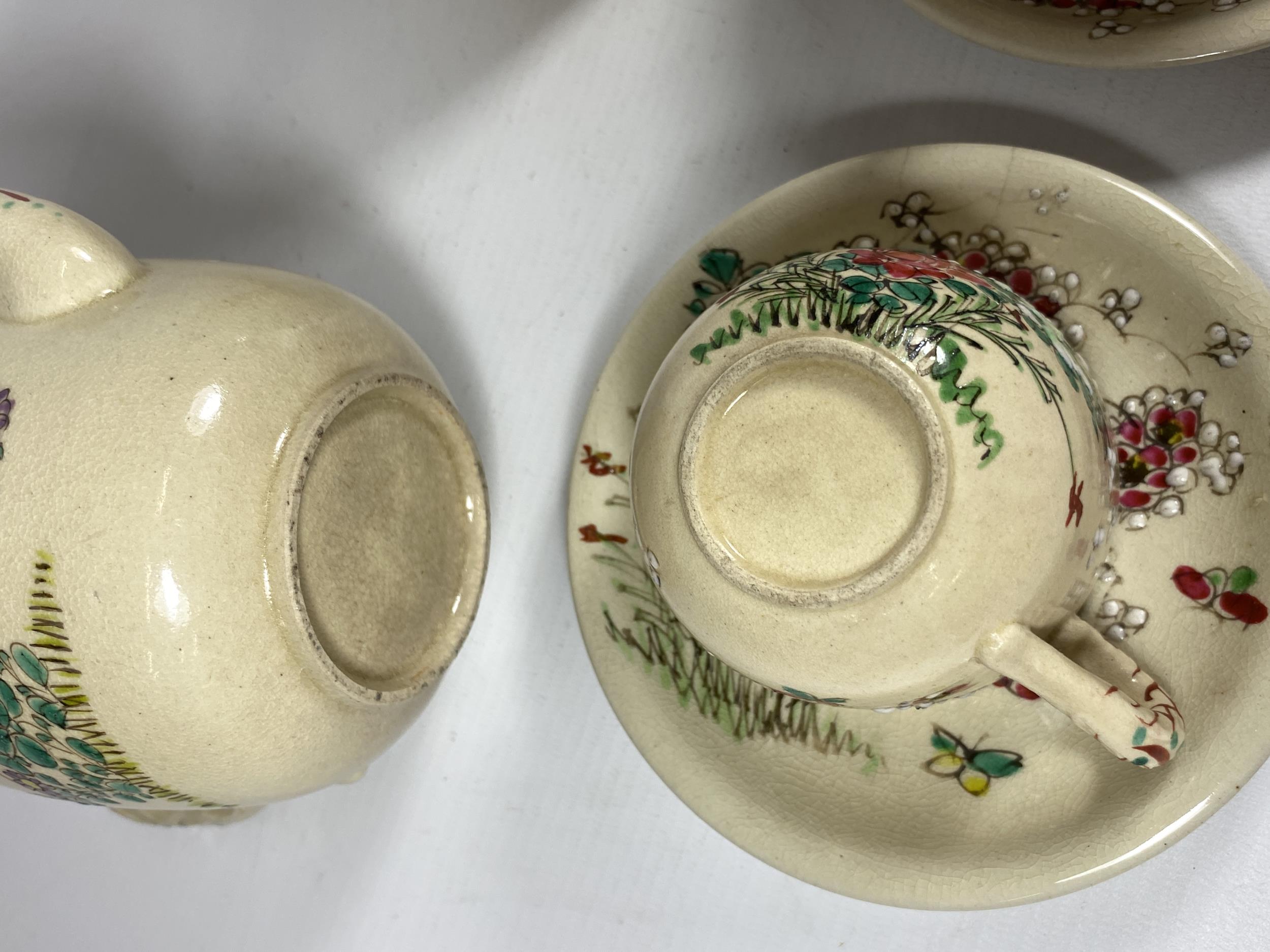 A JAPANESE TEA FOR TWO POTTERY SET COMPRISING TEAPOT, LIDDED SUGAR BOWL & TWO CUPS AND SAUCERS, - Image 3 of 3