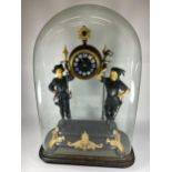 A FRENCH JAPY FERERES SPELTER TWO TRAIN DOMED CLOCK WITH TWIN FIGURAL DESIGN, DOME HEIGHT 64CM, WITH