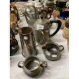 A QUANTITY OF PEWTER ITEMS TO INCLUDE COFFEE AND TEAPOTS, JUGS, BOWLS, ETC