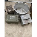 THREE MILITARY STORAGE BOXES AND A COOKING POT